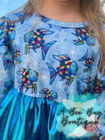 Load image into Gallery viewer, Rainbow Fish Metallic Dress
