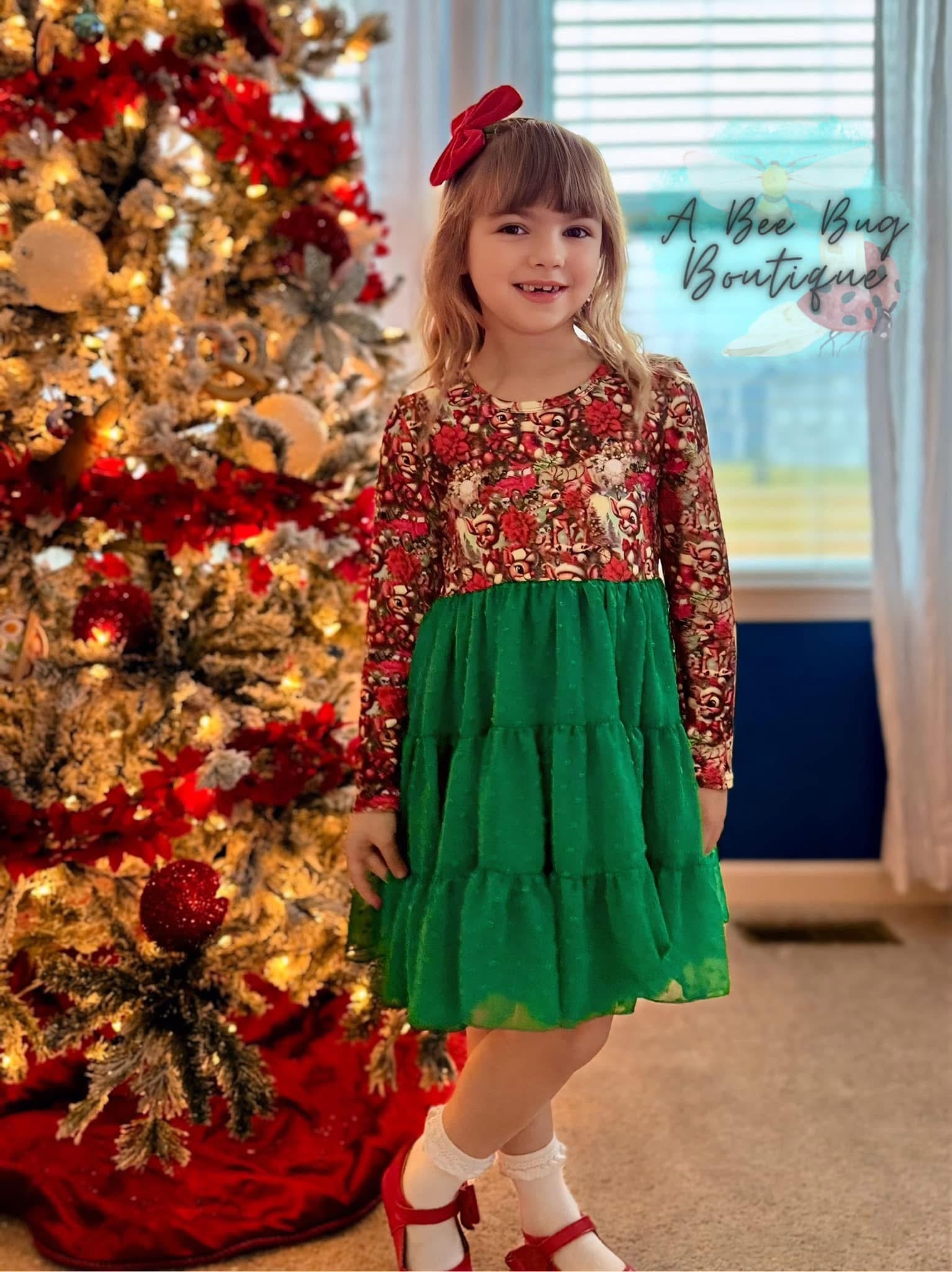 Rosy Reindeer Swiss Dots Dress