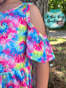 Neon Tie Dye Cold Shoulder Dress