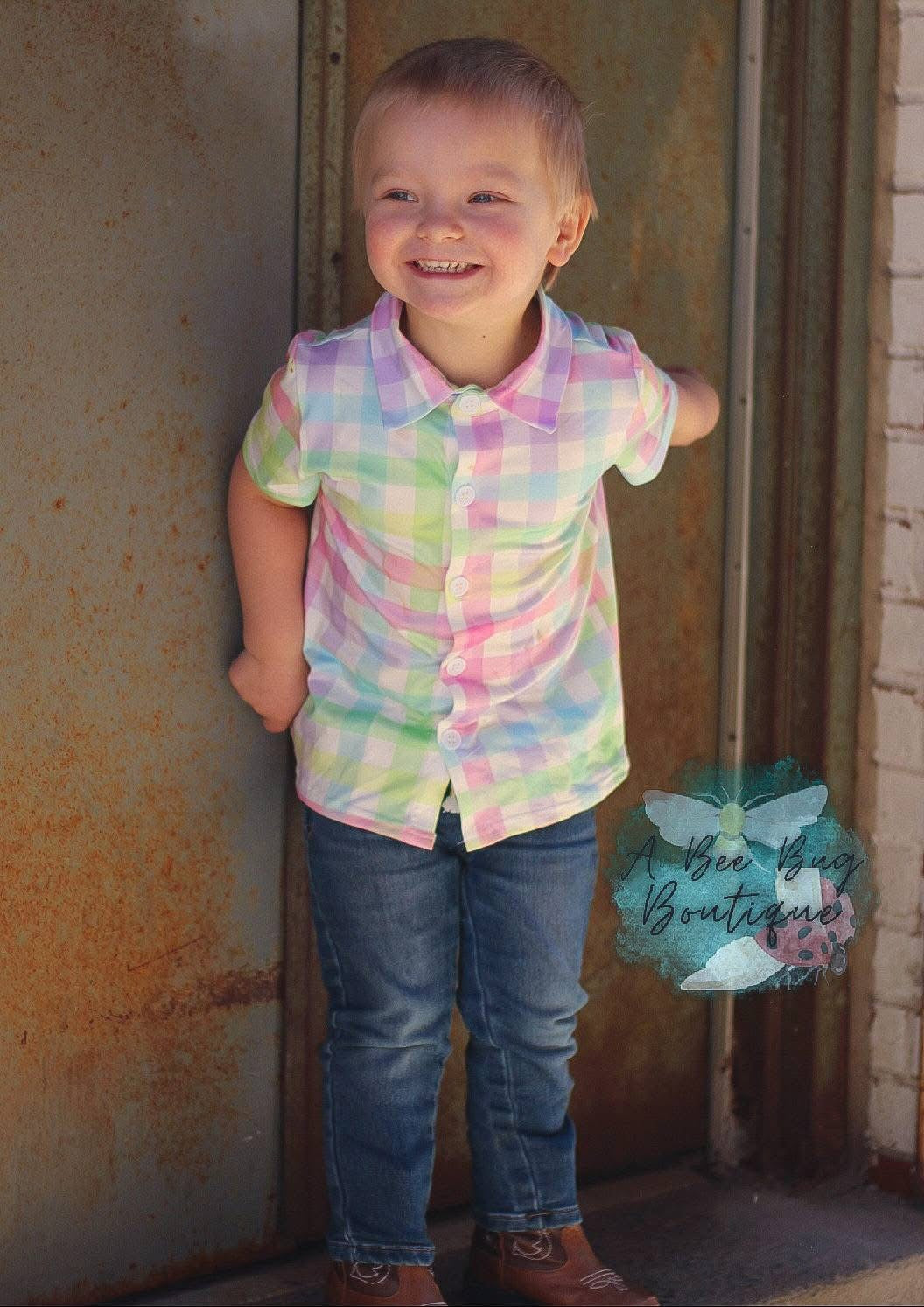 Rainbow Plaid Button Up Top