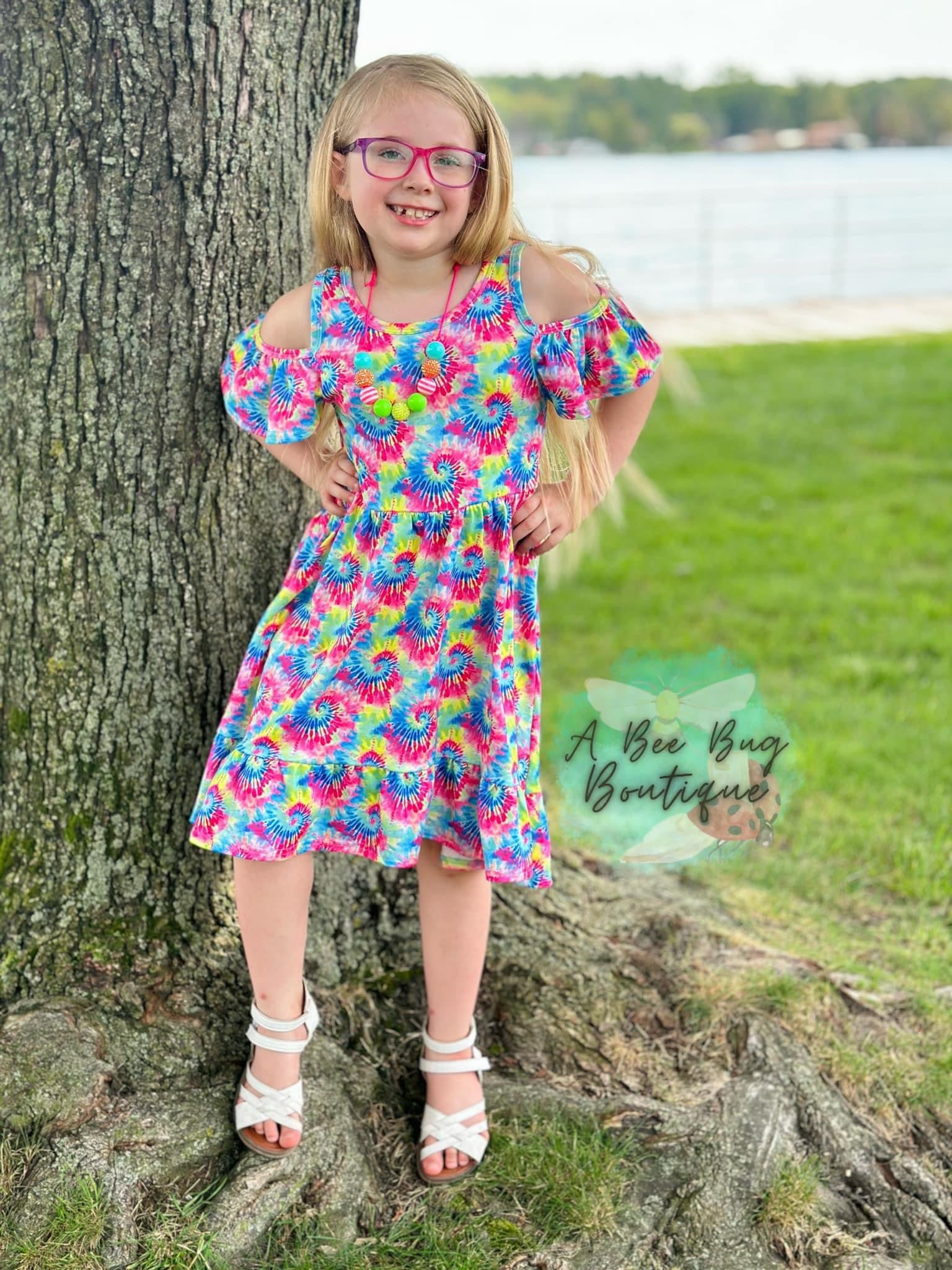 Neon Tie Dye Cold Shoulder Dress