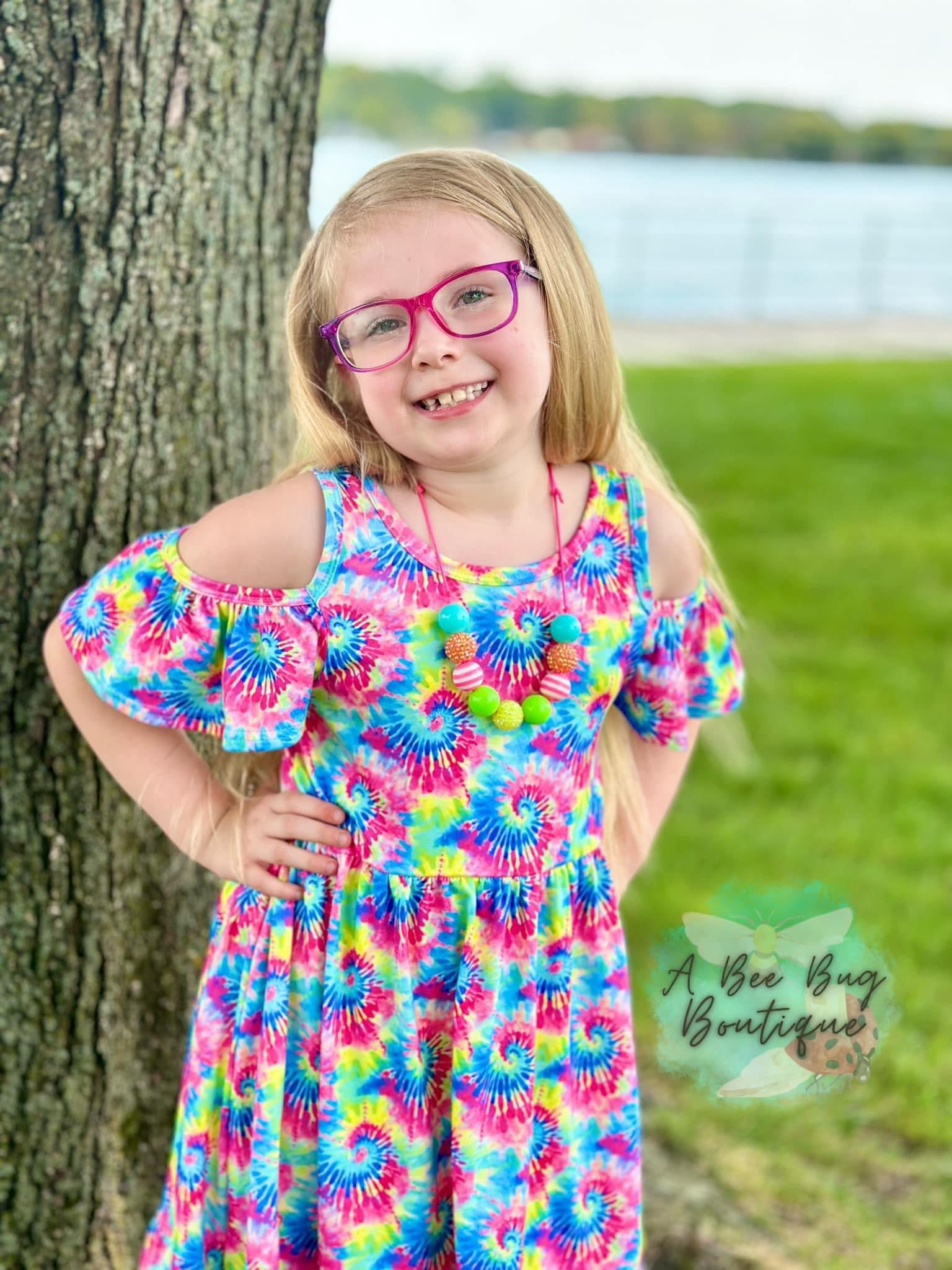 Neon Tie Dye Cold Shoulder Dress