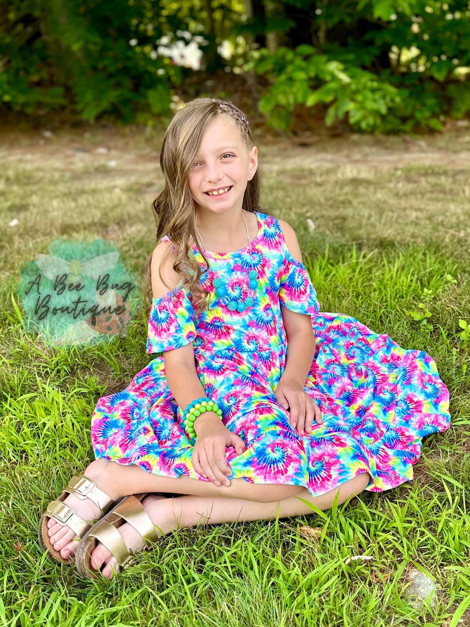 Neon Tie Dye Cold Shoulder Dress