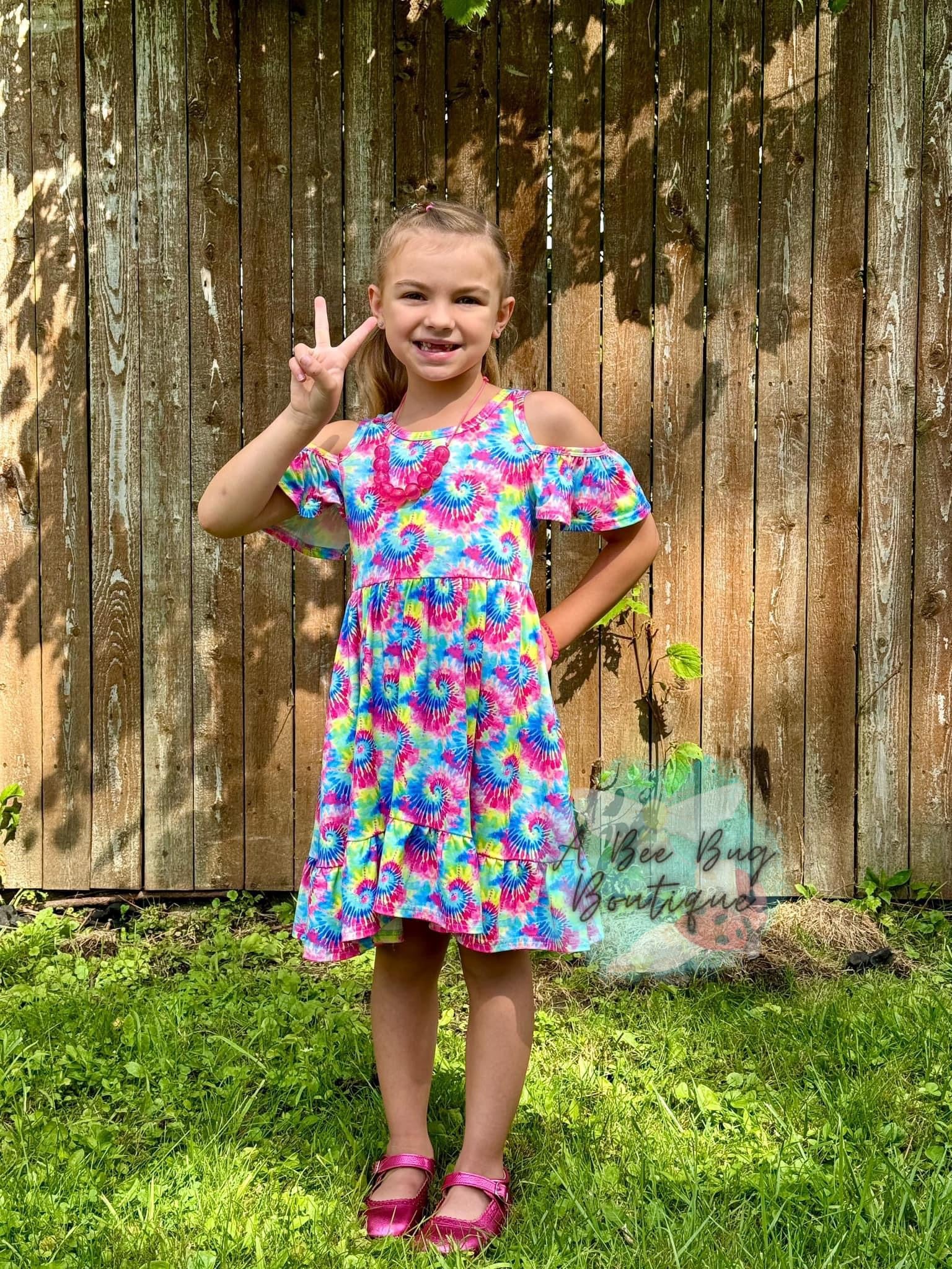 Neon Tie Dye Cold Shoulder Dress