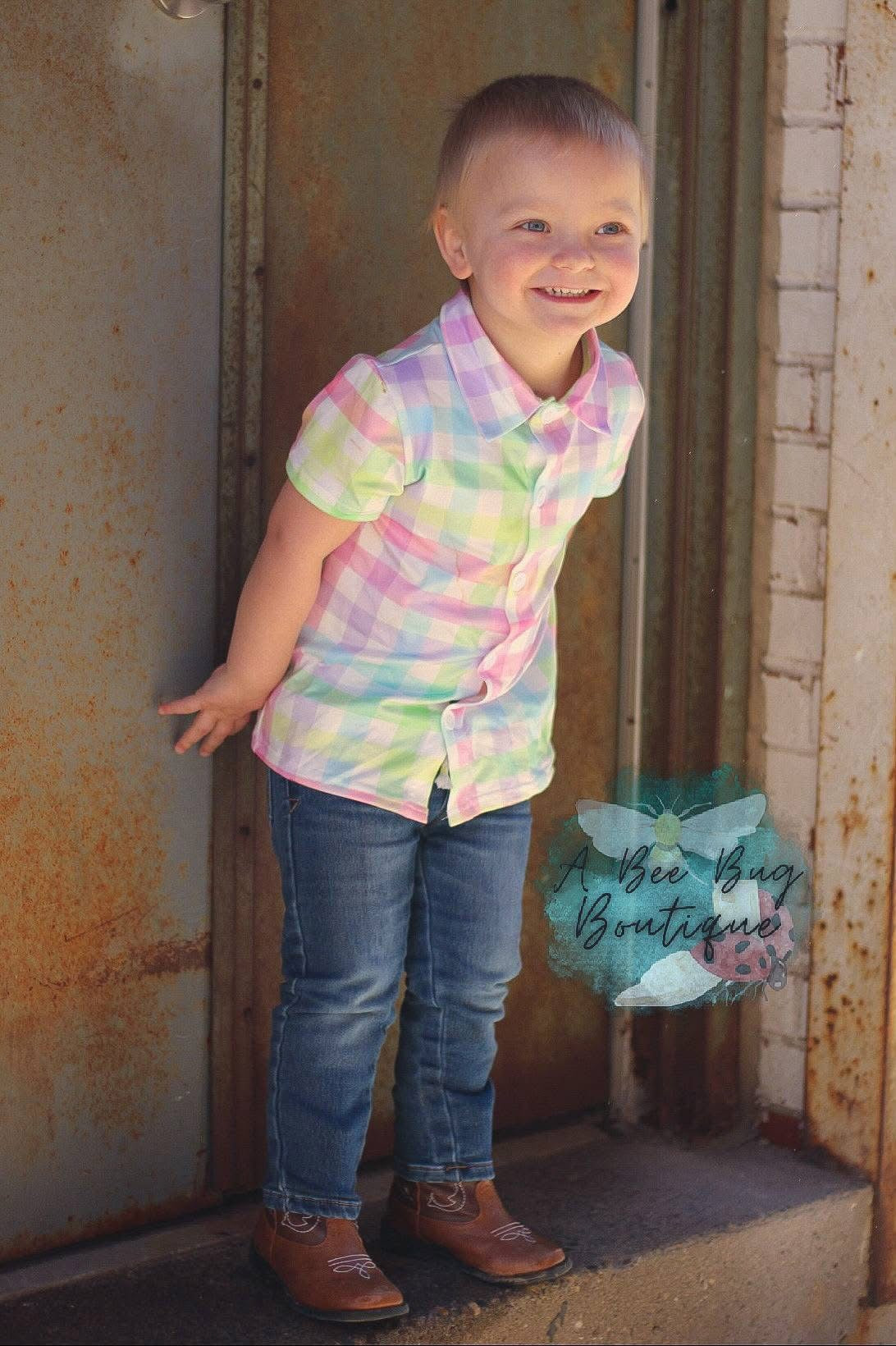 Rainbow Plaid Button Up Top