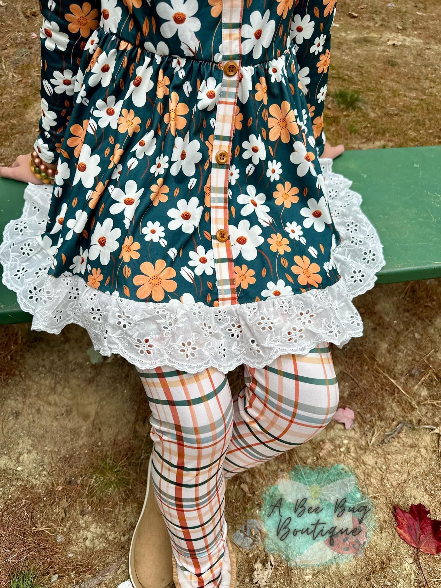 Cozy Plaid Floral Eyelet Lace Leggings Set