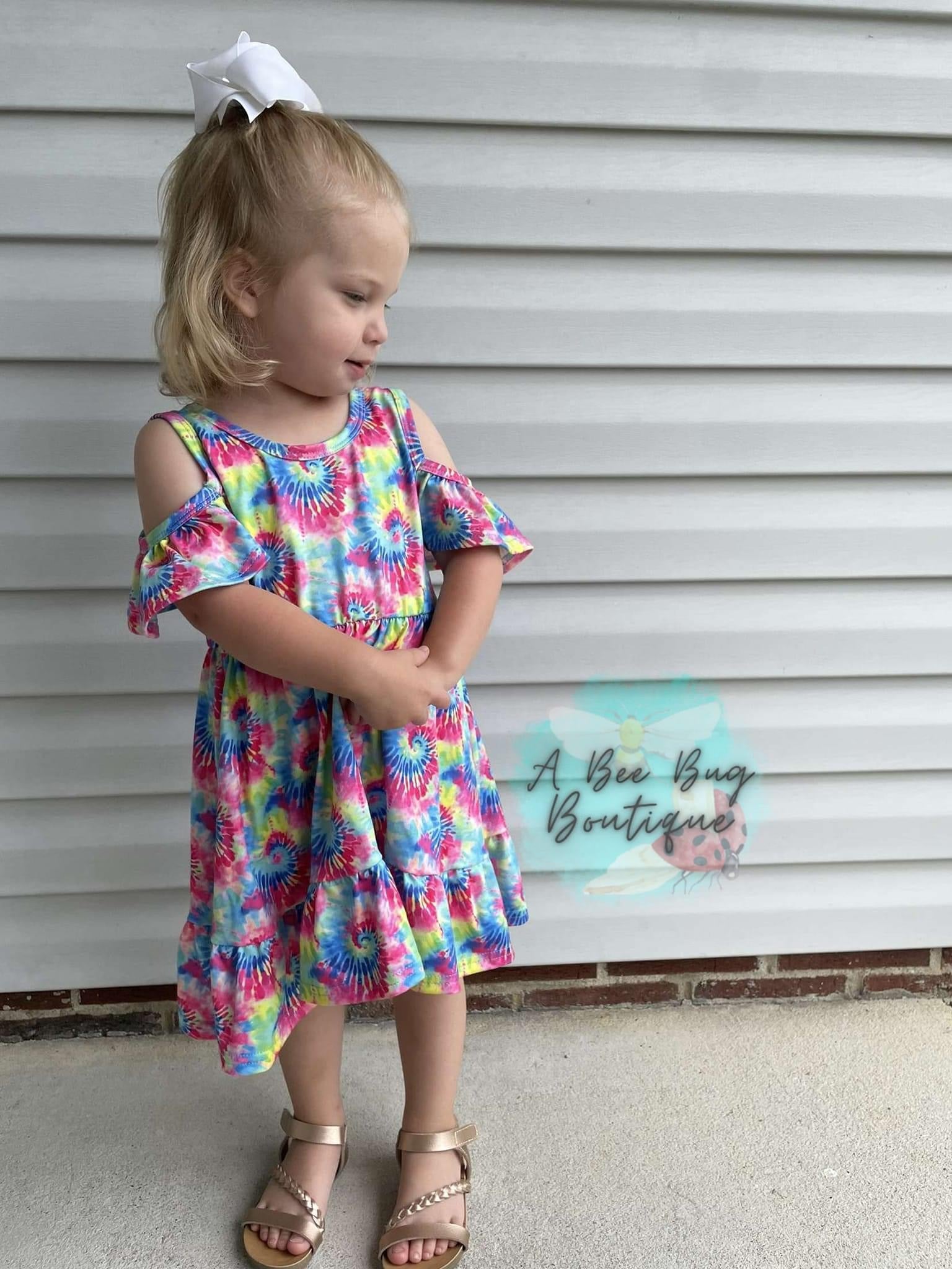 Neon Tie Dye Cold Shoulder Dress