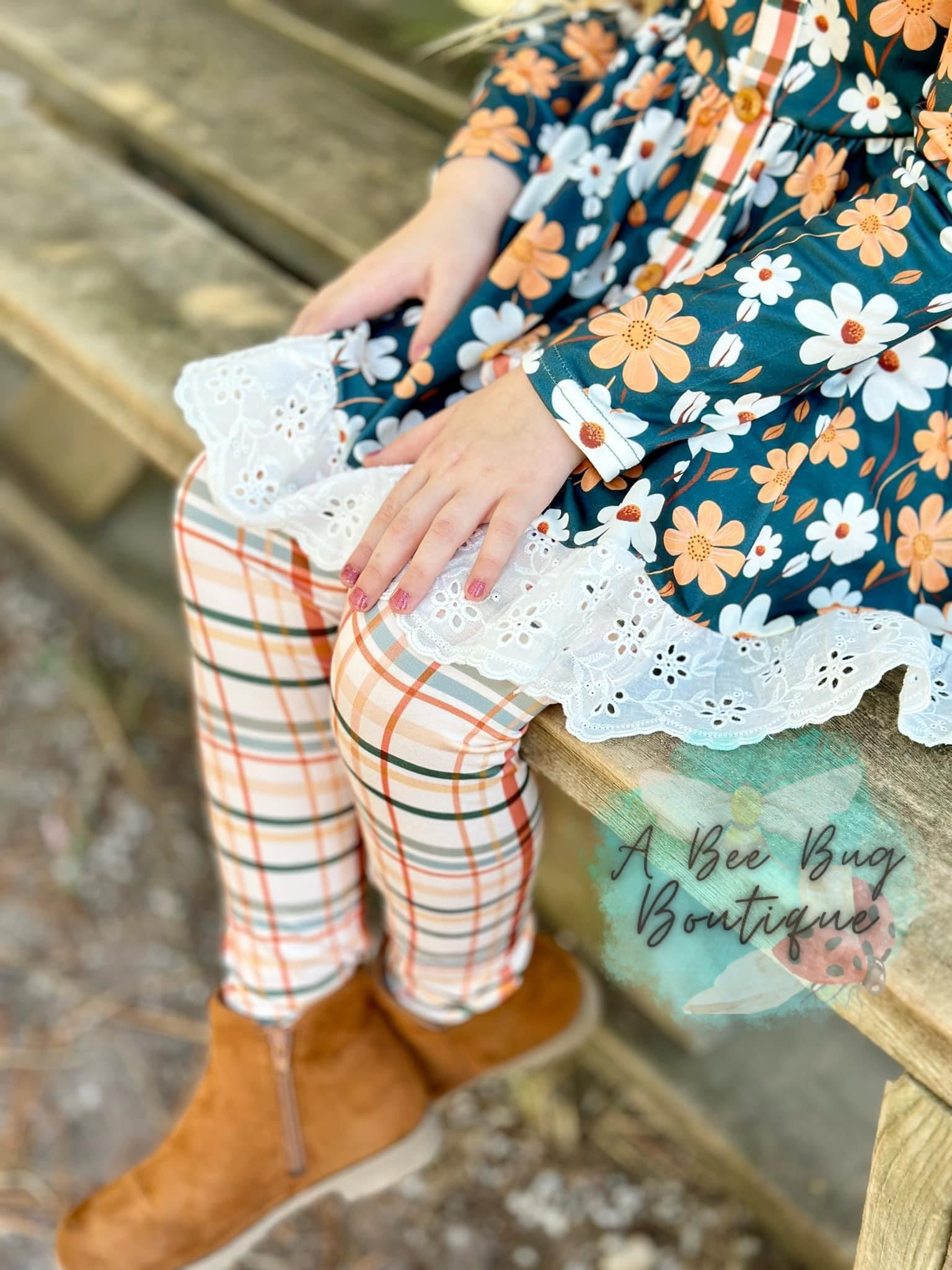 Cozy Plaid Floral Eyelet Lace Leggings Set