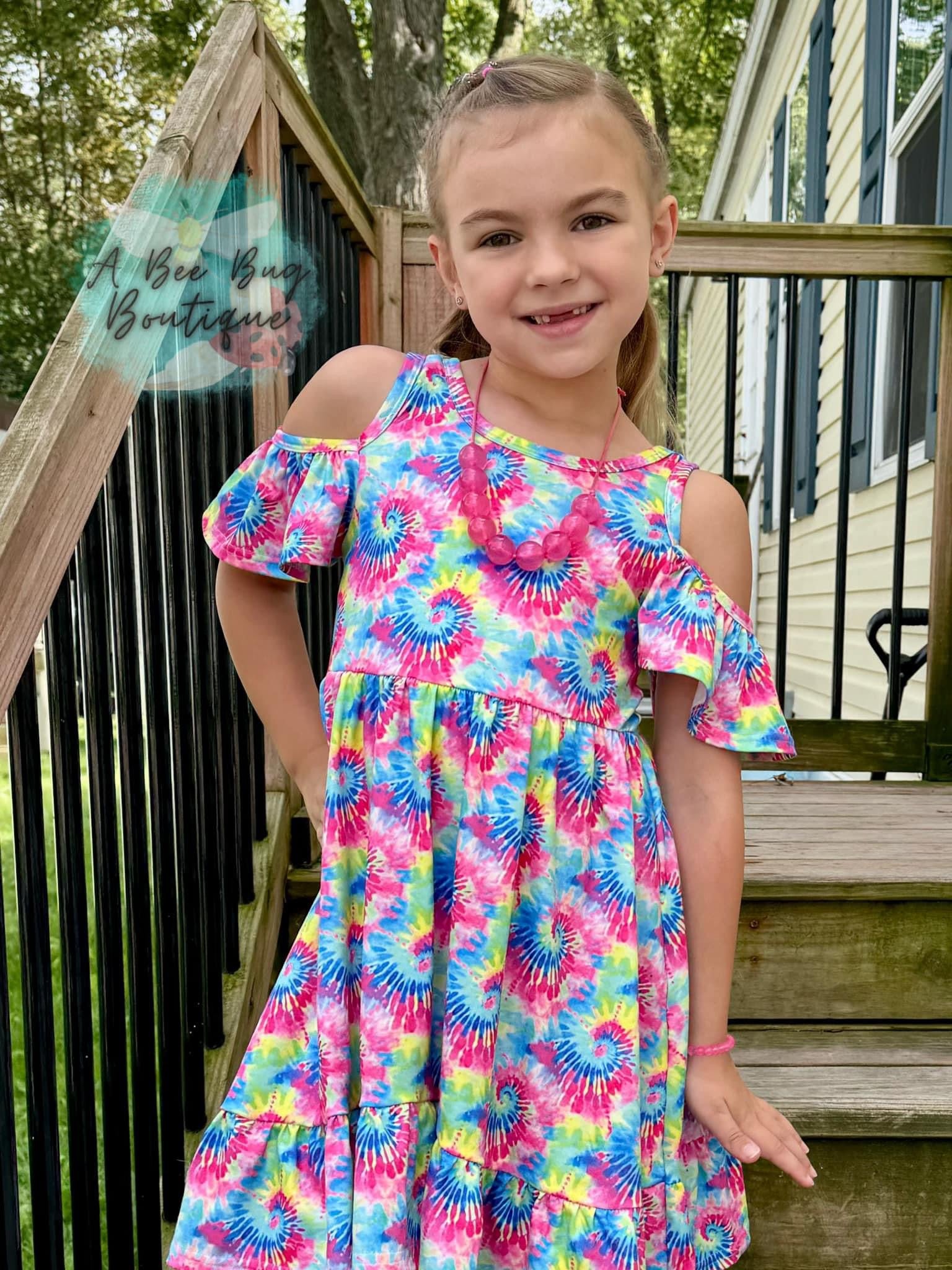 Neon Tie Dye Cold Shoulder Dress