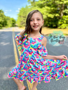 Neon Tie Dye Cold Shoulder Dress