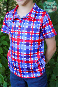 Patriotic Plaid Boys Collared Top